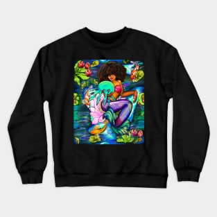 Mermaid holding a jellyfish with Koi fish in koi pond with plants and flowers black African American mermaid Crewneck Sweatshirt